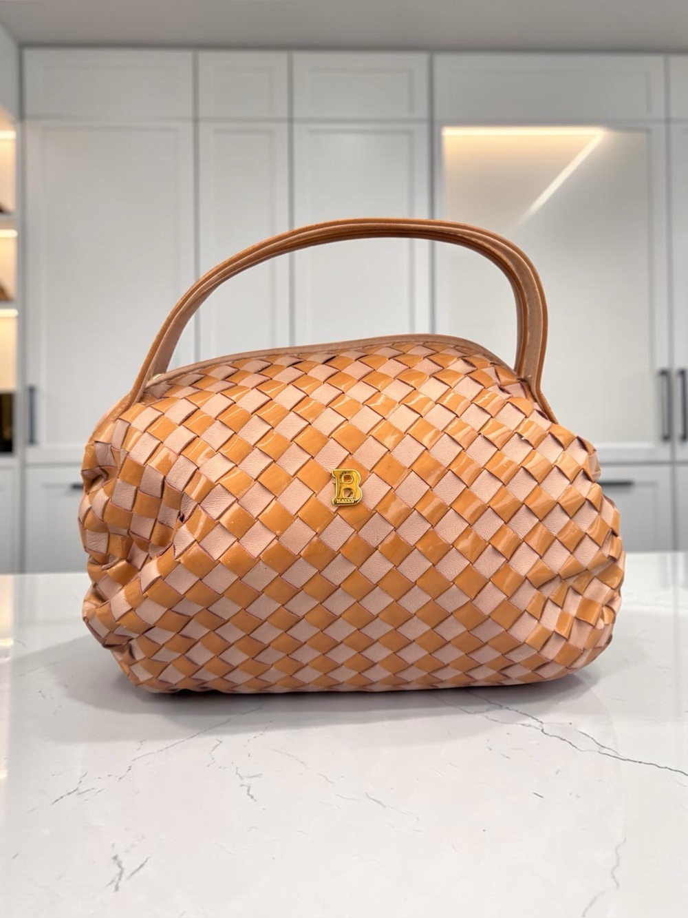 Woven Leather Top-Handle Bag in Tan